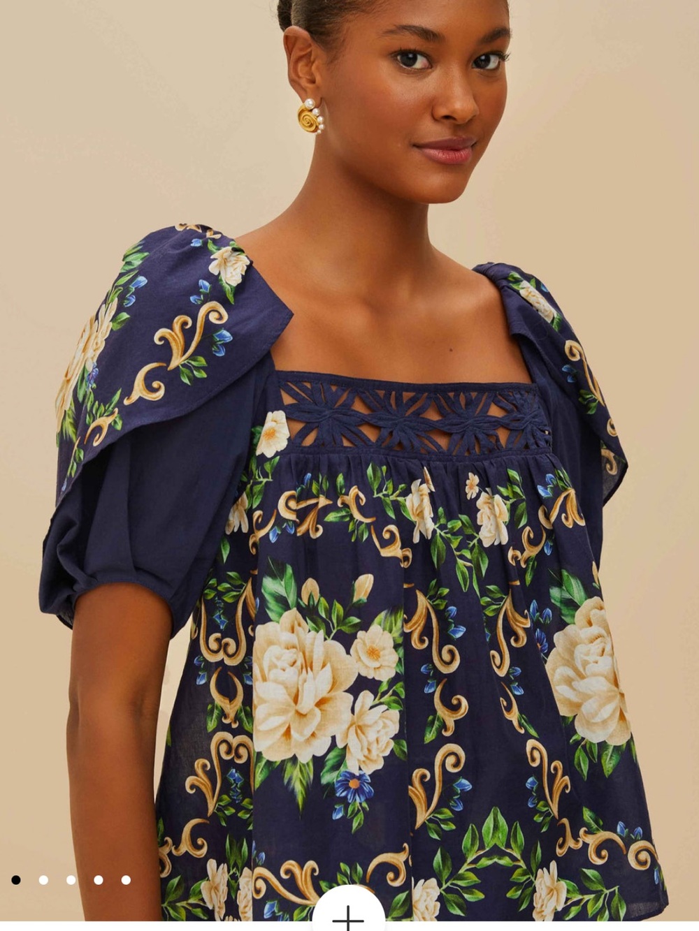 Farm Rio Blue Flower Tapestry Yoke Blouse - NWT